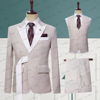 2023 Мъже Slim Fit Summer британски стил бизнес бельо костюми Каки сватбена рокля 3 парче комплект (яке + жилетка + панталони)