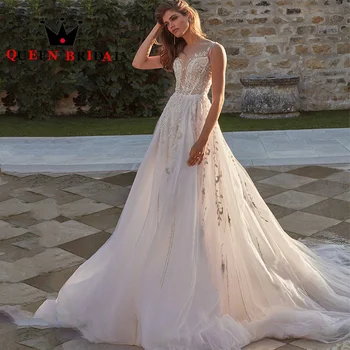 Грациозни апликации Перли Дантелена сватбена рокля 2023 Нови презрамки за спагети Дължина на пода Булчински рокли Vestidos De Novia Custom D96X
