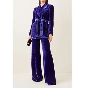 Лилаво кадифе дамски костюм с колан висок клас връх ревера еднореден 2 парче мода официален случайни офис дамски панталони комплекти