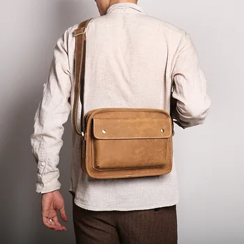Ежедневна кожена мъжка чанта кравешка кожа проста чанта за рамо луд кон кожена куриерска чанта мъжки ipad малка квадратна чанта