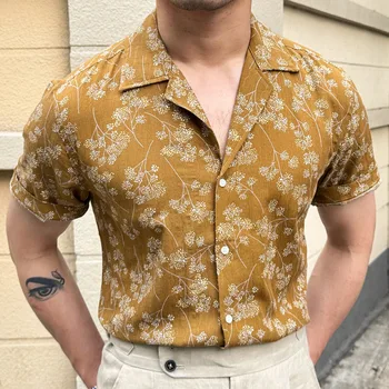 Лятна тънка дишаща мъжка риза Кубинска яка къс ръкав флорална риза ваканция плаж хавайска риза Camisa Fashion Masculina
