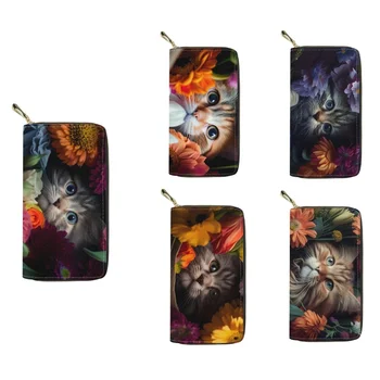 2023 Гореща мода цвете котки печат кожени портфейли за жени кожа женски притежателите на кредитни карти цип съединител ръка чанта чанта