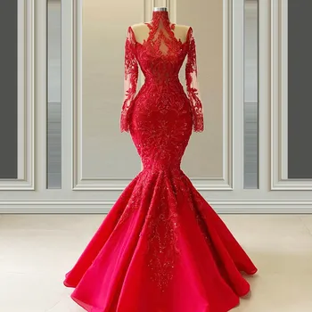 Плюс размер червена русалка сватбени рокли 2024 илюзия дълги ръкави дантела Vestido де Noiva високо врата официални булчински рокли