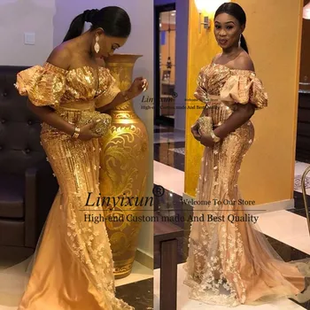 Aso Ebi африканска дантела русалка абитуриентски рокли от рамото нигерийски стил вечерни рокли лъскави пайети злато официална част рокля
