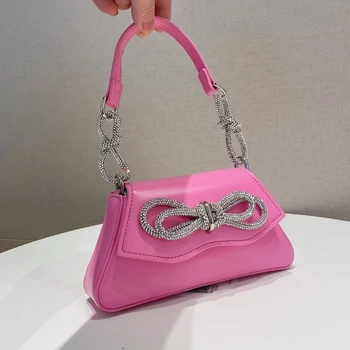 Розови кристали двойна лък вечерна чанта жени дизайнер рамо чанти реколта диамант парти малък клапа чантата чанти чанти чанти 2023