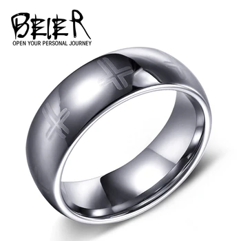 Beier 100% Real FASHION Hot Sale UK US 8mm сребърен цвят най-високо качество кръст волфрамов пръстен полиран мъжки сватбен пръстен W006