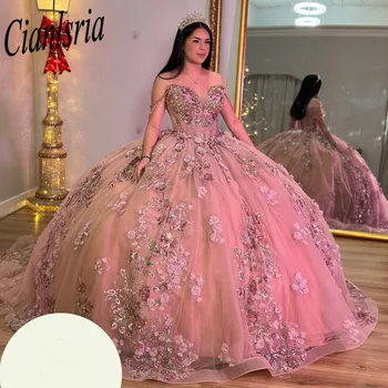 Принцеса Пайети Апликации Дантела Quincenara рокли топка рокля от рамото мъниста сладък 15 Vestidos De XV Años