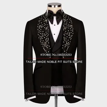 Уникални черни мъже костюми за сватба младоженец мъниста връх ревера блейзър официален мъж мода смокинги по поръчка 3 парчета облекло