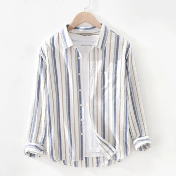 Japan Style Mens Linen Cotton Shirt Harajuku Long Sleeve Slim Fit Striped Male Casual Breathable Classical Tops