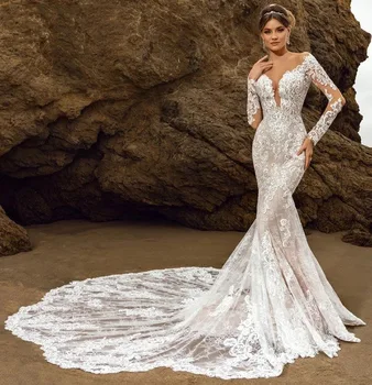 Невероятно V-образно деколте русалка сватбена рокля луксозна четка Big Train Vestidos de Novia Applique Vestido de Noiva