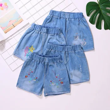 Мода деца момиче шорти памук малко дете сладък цвете бродерия дънки къси панталони деца деним ластик пеперуда дрехи