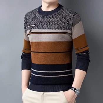 Мъжко облекло Есен Мъжки случаен пуловер Раиран кръг врата плетен пуловер топъл и модерен