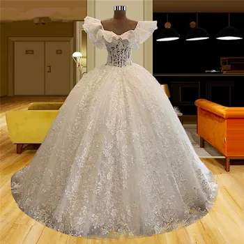 Принцеса сватбени рокли линия пълна дантела апликирани къдри ръкави Vestidos De Novia по поръчка Дубай арабски булчински рокли роба