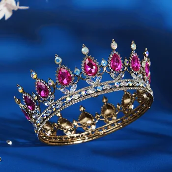 бароков кръг кристал булчински диадеми жени сватбени корони Royal Queen аксесоари за коса лилаво кристал костюм конкурс диадема