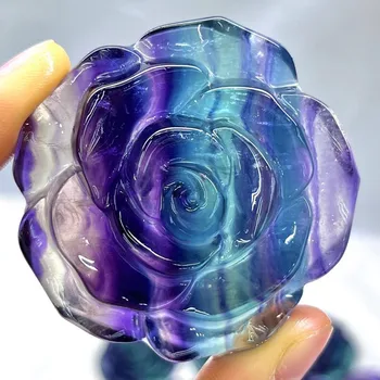 1 Pc естествен камък дъга флуорит роза цвете кристал издълбани растение цвете ръчно изработени кристал занаят начало декорация орнамент