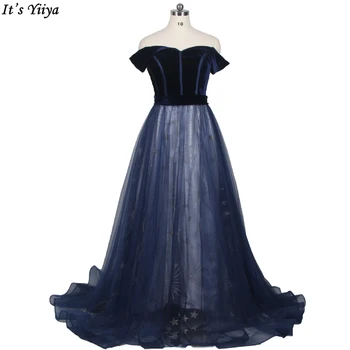 It's Yiiya Real Photo Off the Shoulder Evening Dress Navy Blue Velvet Floor Length Plus size Evening Gowns Robe De Soiree BR1239