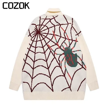 Хип-хоп реколта пуловер мъже пачуърк паяк ср модел плетена жилетка мъжки v-образно деколте случайни Harajuku унисекс хлабав палто есен