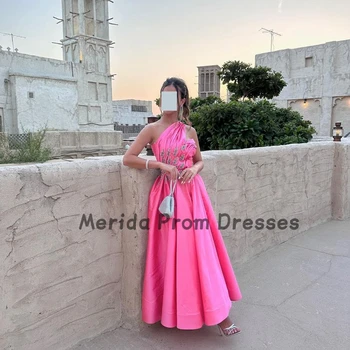 Розови абитуриентски рокли с едно рамо A-Line апликации Страничен сплит цип нагоре Ruched елегантен официален повод вечерни рокли парти рокля