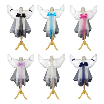 Ангелски крила с тюл Заден воал Bowknot момичета перо фея крила дете принцеса крила за Хелоуин-косплей парти