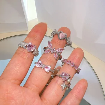 Pink Crystal Heart Bowknot пръстени за жени момичета Kpop ретро готически сладък хладен отворен пръст Y2K пръстени парти мода бижута подаръци