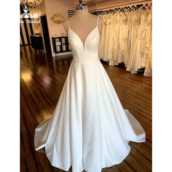 Roycebridal спагети каишка линия сватбена рокля за жени 2023 Нова дантела без ръкави сатен Modest булката рокля роба де Mariée