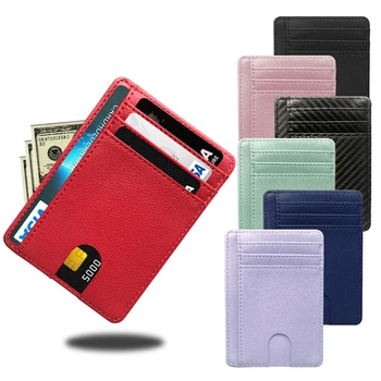 Тънък кожен портфейл Притежател на кредитна лична карта Портмоне пари случай покритие мъже жени преносим плътен цвят прости модни чанти