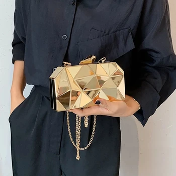 Дамска чанта Чанти за жени 2021 Съединители Мода Геометрични мини парти вечерна чанта Crossbody рамо чанта Gold Box съединител