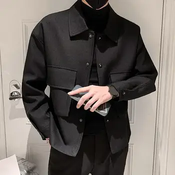 Мъжко яке стилен еднореден ревера връхни дрехи миещи се мъже товарно палто