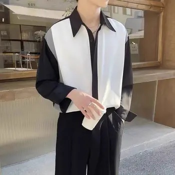 Casual пачуърк мода темперамент простота корейски пролет лято офис дама бутон завой надолу яка ризи Мъжко облекло