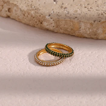 Луксозен Bling Bling инкрустиран зелен ясен естествен циркон пръстени 18K позлатени водоустойчиви бижута пръстени за жени момичета парти