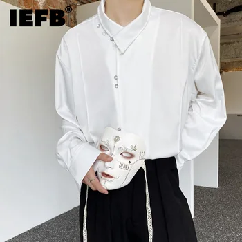 IEFB стоящо деколте ризи с дълъг ръкав тенденция мъжки есен нов китайски стил плътен цвят сатенено облекло мода улично облекло 9C1372