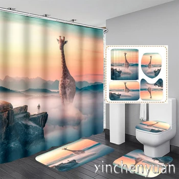 Животински жираф 3D печат водоустойчива баня душ завеса тоалетна покритие мат нехлъзгащ етаж мат килим (1/3/4бр) W26