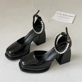 Bow Pearl Дамски обувки Mary Jane Черни сандали с токчета Ретро мода Дамски обувки Дизайнер Нови 2023 Дамски високи токчета