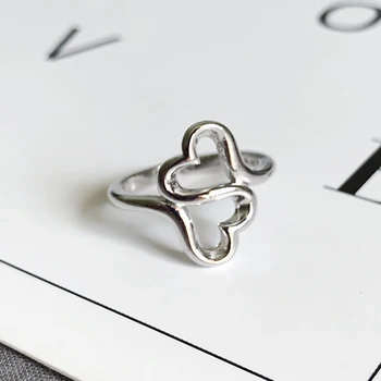 Геометричен любовен сребърен цветен пръстен за жени Прости сладки кухи двойни аксесоари за бижута с форма на сърце