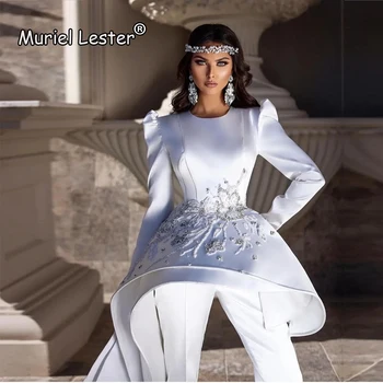 Луксозни жени гащеризон бяла русалка сватбени рокли дълги slevees апликации мъниста булчински рокля панталони костюми най-новите дизайн съобразени