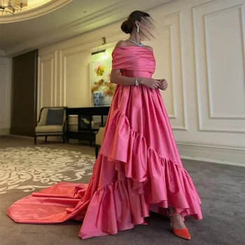 Pink Dubai Arab Satin Porm Dresses A-line Off Shoulder Sexy Off Back Нередовен официален повод за жени Вечерни рокли 2023
