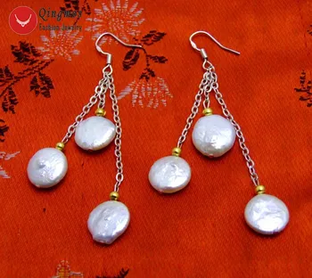Qingmos Модерни естествени перлени обеци за жени с 3 бр. бяла монета 12-13mm монета сладководна перла виси обица бижута 3