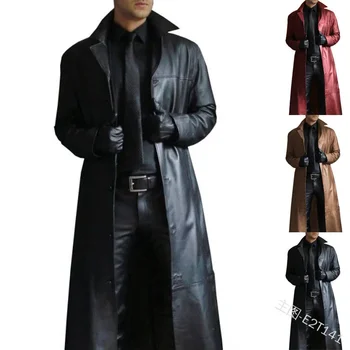 Мъжко кожено яке ревера цвят тренчкот тънък кожа дълго кожено палто мъжко яке