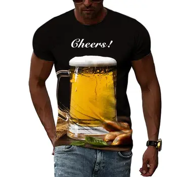 Summer Leisure Beer Pattern Мъжка тениска Хип-хоп 3D печат Личност Род врата къс ръкав модни дрехи