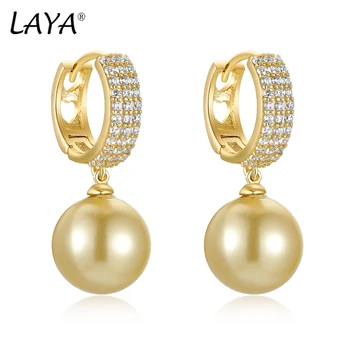 LAYA Real 925 стерлинги сребърна черупка перлени обеци злато мода блестящ циркон капка обеци за жени оригинални модерни бижута