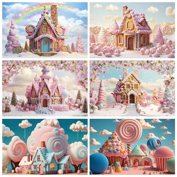 Candy World Фон Сладък замък Candyland Lollipop House Бебе рожден ден торта Smash парти портрет фон фото студио подпори