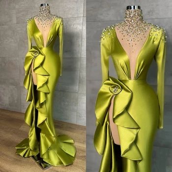 Мода зелена вечерна рокля русалка кристал къдри абитуриентски рокля дълги ръкави страна сплит по поръчка парти рокля