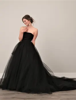 A-Line сватбени рокли Без презрамки съд влак сатен тюл без презрамки черно с драпиране 2024