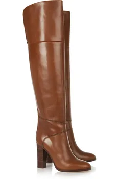 Fashion Woman Square High Heel Over The Knee Boots Round Toe Female Slip On Brown Thigh Boots