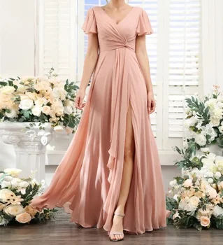 V-образно деколте Вечерни рокли с къс ръкав Жени 2023 Популярни Сплит шаферка рокля елегантен шаферка абитуриентски парти рокля дълго vestido