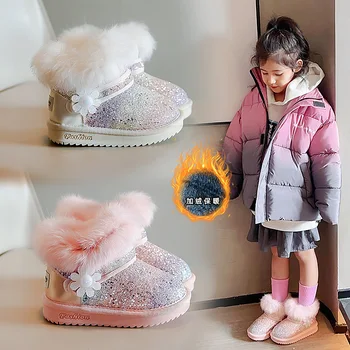 스노우부츠 Детски ботуши за сняг 2023 Зимна обувка Плюшена детска памучна обувка Топла обувка на глезена Анти хлъзгане Средни големи детски обувки Подплатени ботуши