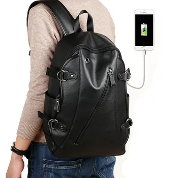 Men раница външна USB такса водоустойчива раница мода Pu кожа пътуване чанта случайни училище чанта рамо книга чанта черен