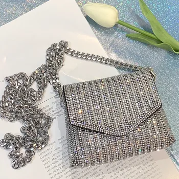 Нова дамска чанта верига супер лъскав пълен кристал летни дрехи с моделиране мобилен телефон рамо малка квадратна чанта
