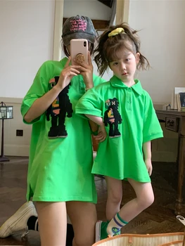 Родител-дете носи корейски карикатура риза лято нова майка и дъщеря носят дълго т момичета пуловер 4-6y